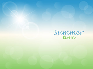 Summer time. Abstract sunny background with blue sky and green meadow. Vector illustration