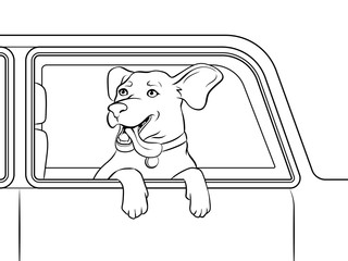 Dog in car window coloring vector illustration