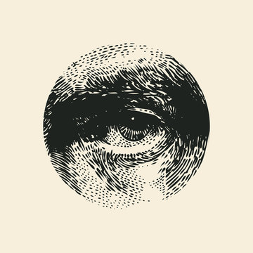 Halftone Male Eye In The Circle. Vector Illustration