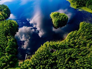 Aerial view of blue lake with island and green forests on a sunny summer day in Finland.