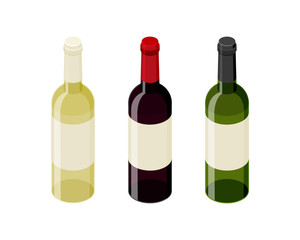 Red and white wine isometric bottles vector icon set. Transparent glass realistic wine bottle isometric design.