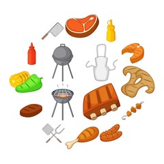 BBQ icons set. Cartoon illustration of 16 BBQ items and symbols vector icons for web