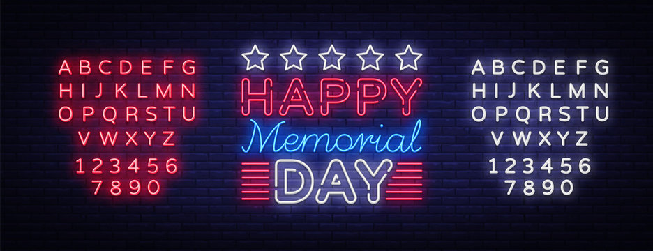 Memorial Day Vector. Memorial Day neon sign, design template, greeting card in neon style, light banner, design element, nightlife signboard. Vector illustration. Editing text neon sign