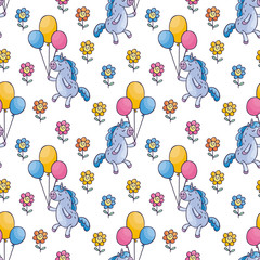 Children's seamless pattern with cute unicorns in doodle style. Colorful vector background.