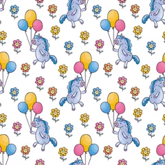 Fotobehang Dieren met ballon Kinder naadloos patroon met schattige eenhoorns in doodle stijl. Kleurrijke vectorachtergrond.
