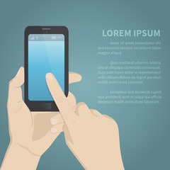 Hand holding and touching screen on smartphone with copy space for article.