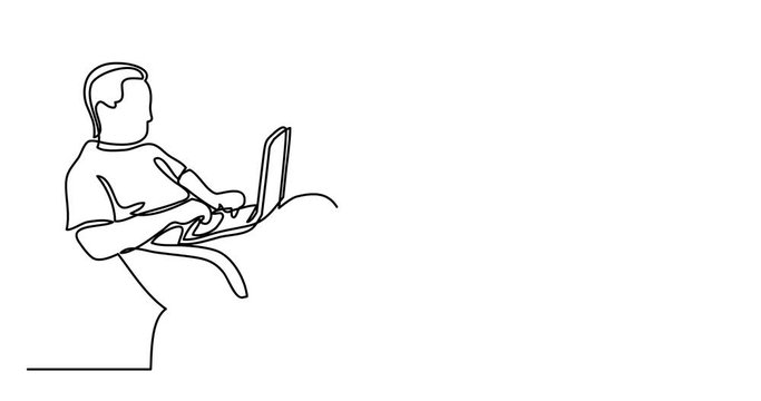 Self drawing animation of continuous line drawing of man sitting working on laptop computer