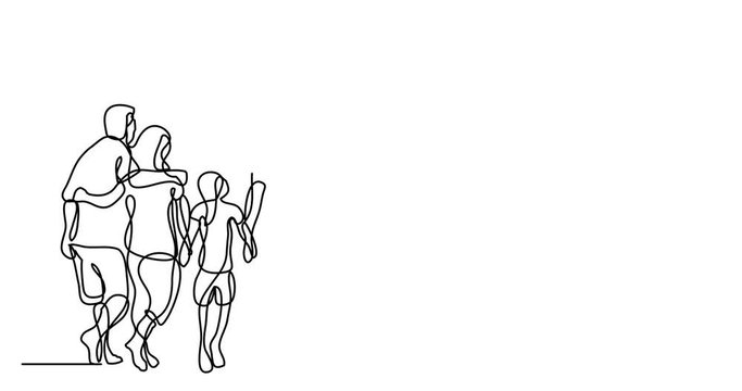 Self drawing animation of continuous line drawing of happy extended family walking