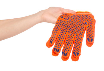 Male hands holding working build gloves