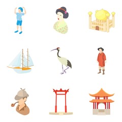 Asian discovery icons set. Cartoon set of 9 asian discovery vector icons for web isolated on white background