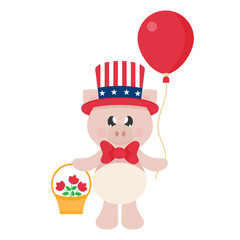 4 july cartoon cute pig in hat with basket flowers and balloon