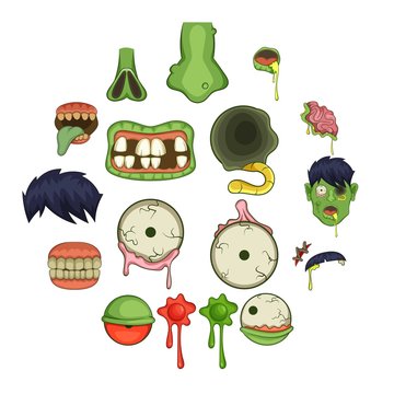 Zombie parts icons set. Cartoon illustration of 16 zombie parts vector icons for web