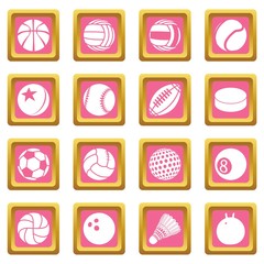 Sport balls icons set vector pink square isolated on white background 