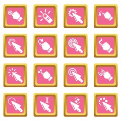 Hand click icons set vector pink square isolated on white background 