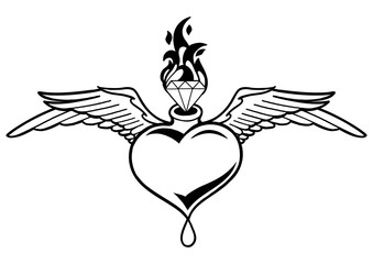 Graphic winged heart with flaming gemstone