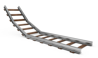 A 3D rendering of a train track disappearing into the distance on an isolated white