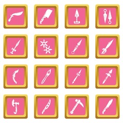 Steel arms items icons set vector pink square isolated on white background 