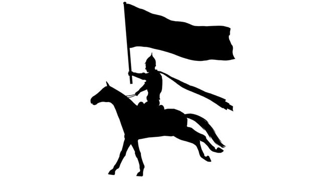 Silhouette of a horseman with a flag. Alpha channel. Alpha matte. FullHD.