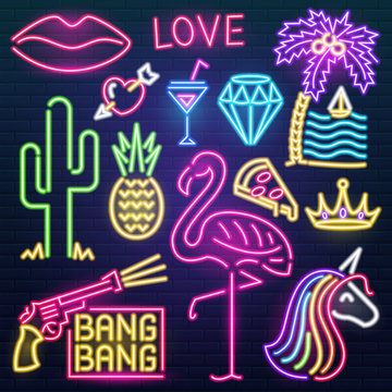 Set of fashion neon sign. Night bright signboard, Glowing light banner. Summer logo, emblem. Club or bar concept on dark background. Editable vector. Pink Flamingo cactus lips pizza cocktail pineapple