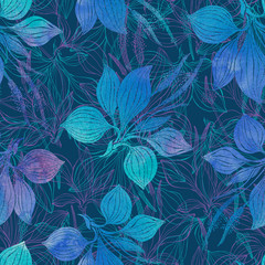 Seamless pattern with plantain. Watercolor illustration on a dark blue background.