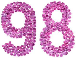 Arabic numeral 98, ninety eight, from flowers of lilac, isolated on white background