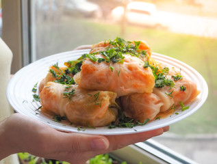 cabbage rolls stuffed with meat and vegetables. 