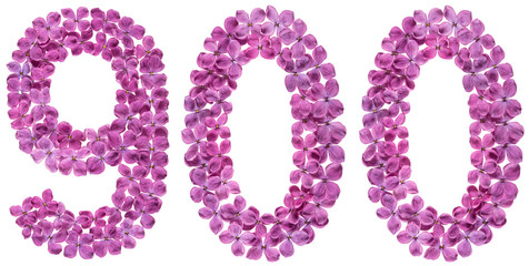 Arabic numeral 900, nine hundred, from flowers of lilac, isolated on white background