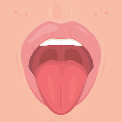 Open mouth with teeth and tongue. Funny expression mouth showing tongue. Medical poster, otorhinolaryngology