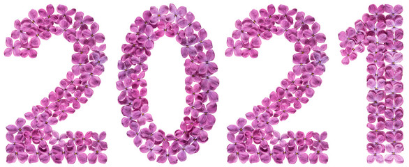 Numeral 2021 from flowers of lilac, isolated on white background