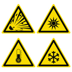Hazard warning set triangular yellow icons. Isolated symbols on white background. Vector illustration.