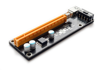 Adapter or riser PCI-E for mining on video cards. Device for adaptation 1X PCI-E to 16X slot and add video graphic cards to motherboard. Closeup on white background.