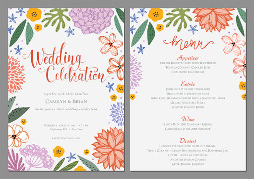 Wedding invitation and menu design template with floral wreath. Vector file.