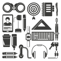 office table flat vector, office supplies, stationery icons color flat design