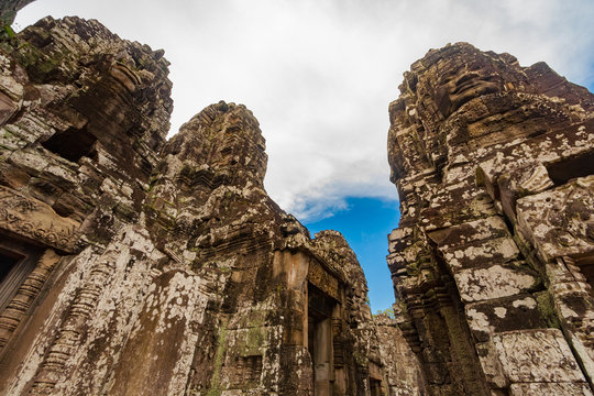 A low angle shot of the sanctuary in the centre of Cambodia's well-known Bayon temple.