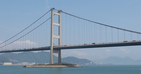 Fototapeta na wymiar Tsing ma suspension bridge with clear blue sky
