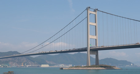 Tsing ma suspension bridge with clear blue sky
