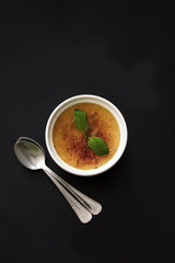 Creme brulee top view. Caramelized dessert from above.