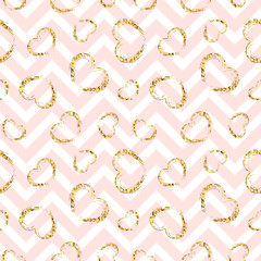 Gold heart seamless pattern. Pink-white geometric zig zag, golden grunge confetti-hearts. Symbol of love, Valentine day holiday. Design wallpaper, background, fabric texture. Vector illustration