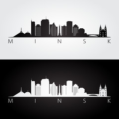 Naklejka premium Minsk skyline and landmarks silhouette, black and white design, vector illustration.