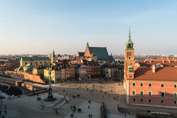 Obraz premium Aerial view of Warsaw old town with the royal castle and the cathedral by Zamkowy square in Poland capital city in Central Europe
