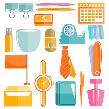 office table flat vector, office supplies, stationery icons color flat design
