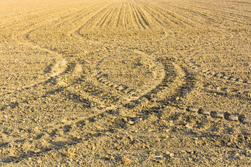 Naklejka premium A dry harrowed land ready for sowing, showing light furrows and geometrical tracks of tractor tyres under a grazing light in the french countryside.