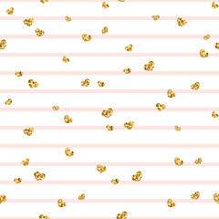 Gold heart seamless pattern. Pink-white geometric stripes, golden confetti-hearts. Symbol of love, Valentine day holiday. Design wallpaper, background, fabric texture. Vector illustration
