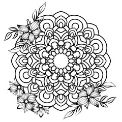 Floral mandala pattern in black and white. Adult coloring book page with flowers and mandalas. Oriental pattern, vintage decorative elements. . Hand drawn vector illustration