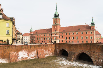 Remain of the fortified wall of Warsaw old town and the Royal castle on the old town square in Warsaw, Poland capital city