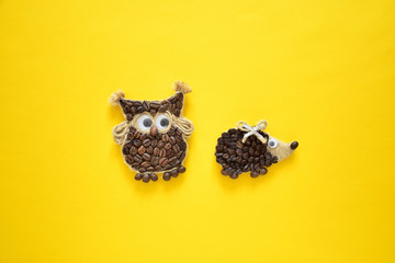 Coffee Owl Coffee Beans Coffee Hedgehog Isolated Bright Colorful Yellow Monochrome Background