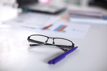 Fototapeta premium Workplace with notebook laptop Comfortable work table in office