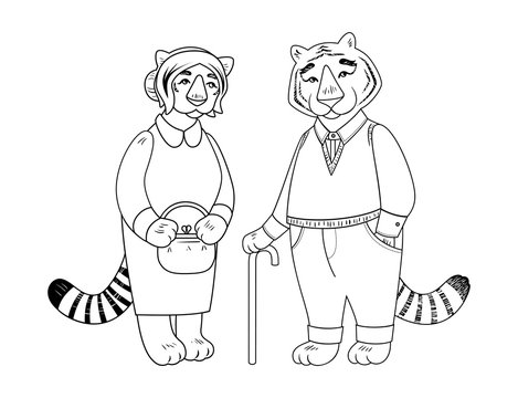 Vector cute old tiger and tigress characters.