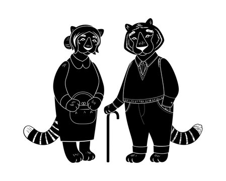 Vector cute old tiger and tigress characters.