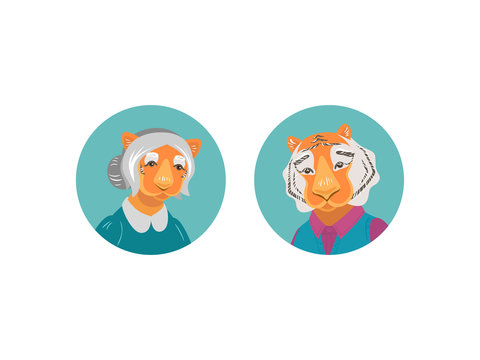 Vector cute old tiger and tigress characters